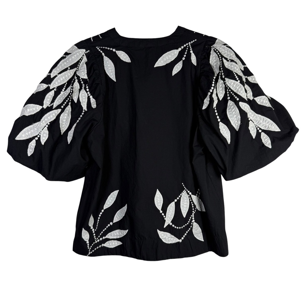 Anthropologie Black White Puff Sleeve Embroidered Blouse Top Size Medium - Picture 5 of 5
